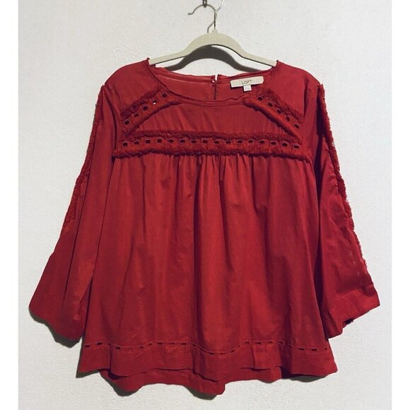 LOFT Top Womens Medium Red Fringe Cut Out Flared Sleeve Lightweight Cotton Boho - Picture 1 of 7